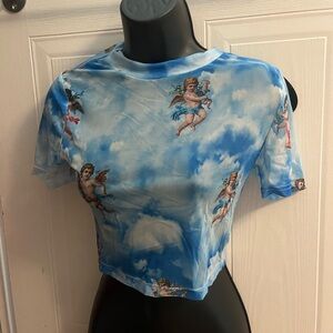 Blue and White Crop Graphic T-Shirt with Short Sleeves